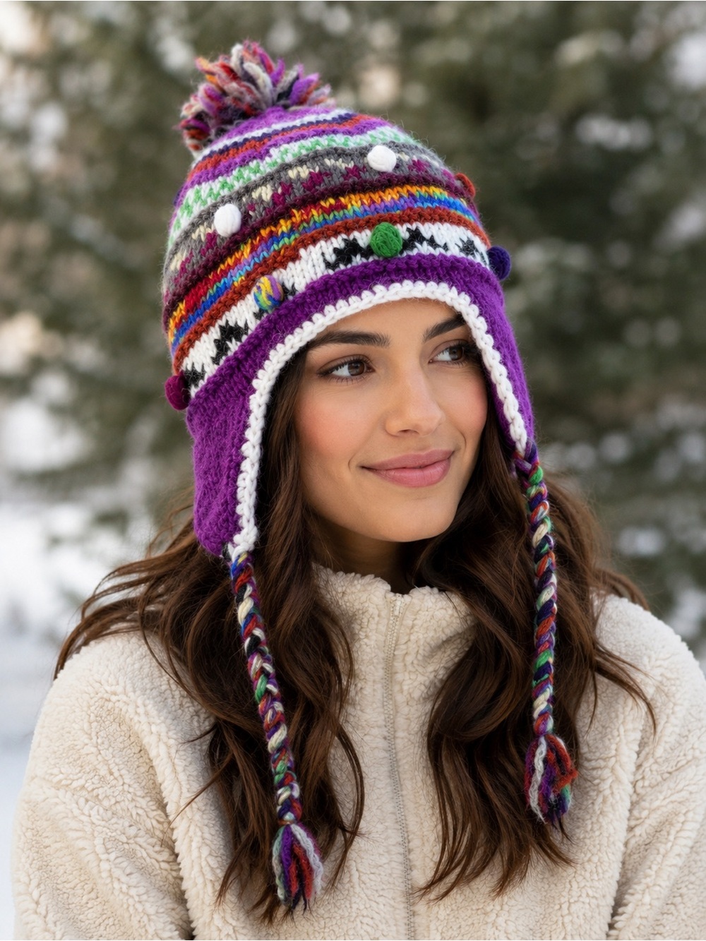 Ganesh handknit 100% wool Purple Multicolor Knit Pom-Pom Earflap Hat OS